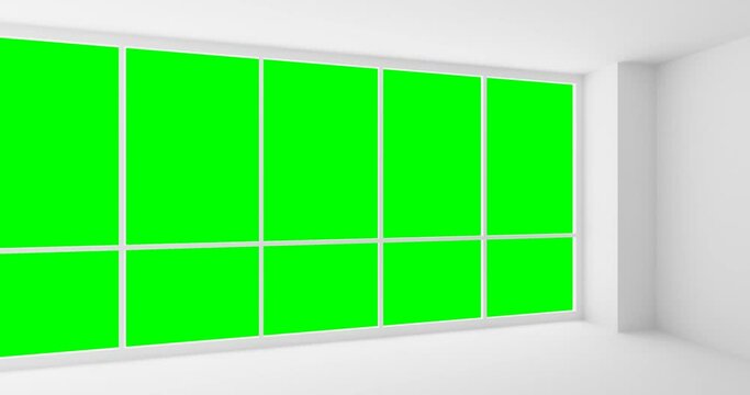 Empty white business office room with empty space and light from large windows, white colorless video panorama view, 3d animation with green screen