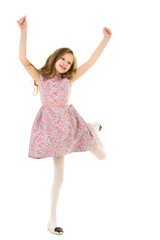 Naklejka premium Beautiful Blonde Girl Happily Jumping with Raising Hands