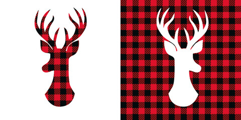 ..Deer head buffalo plaid  set. Vector illustration woodland  animal . Lumberjack  clipart.