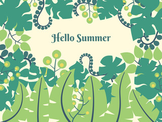 Hello Summer background design with tropical exotic leaves. Summer Holiday Concept.