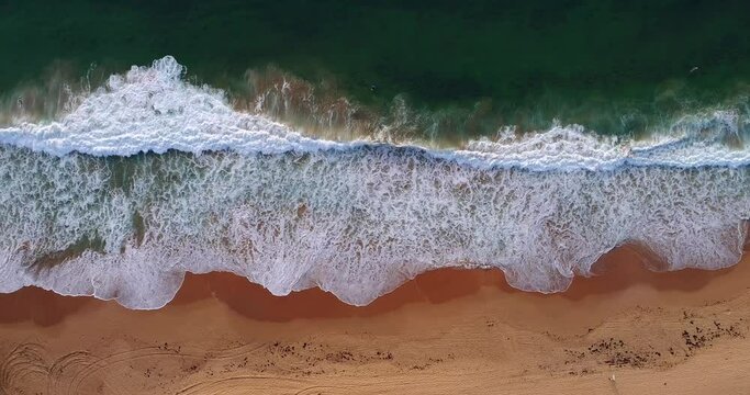 Wide sandy beach with waves and surfers floating – 4k aerial top down video.
