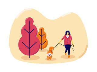 Young woman wearing face mask with her dog walking outside enjoying free time alone. illustration of new normal lifestyle.