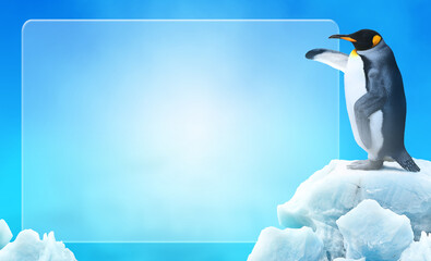Penguin pointing its flipper wing in an empty space ice glass for advertising or announcement