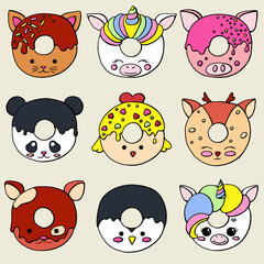 Glazed cute doughnut animals set. Isolated donuts with glaze and bite