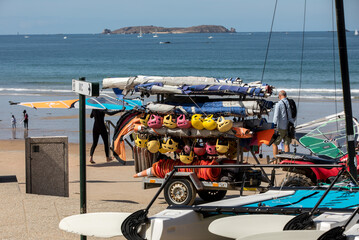 Helmets and surf boards at the school of surf in Saint Malo, Brittany, France