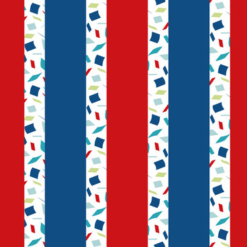 Terrazzo style striped seamless vector pattern background. Alternating irregular fine mosaic texture and stripes blue white, red backdrop. All over print for nautical,beach, ocean vacation concept.