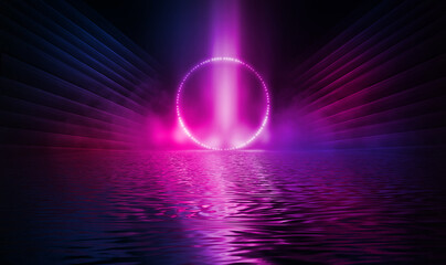 Abstract dark futuristic background. Neon rays of light are reflected from the water. Background of empty stage show, beach party. 3d illustration