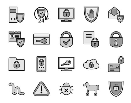 Personal data protection, icon set, gray. Gray images with a black outline. Vector.  