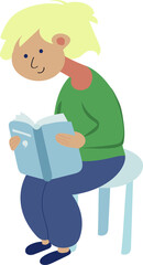 a child with a book in his hands is sitting on a chair. Boy studying with reading book.  happy boy reads a book flat vector illustration