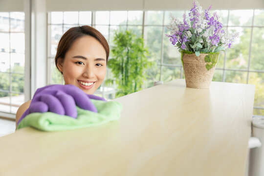 Woman In Protective Gloves Is Smiling And Wiping Dust On Top Shelf Book And A Duster While Cleaning Her House, Close-up