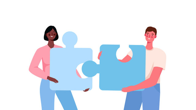 Puzzle relationship concept. Team metaphor. Couple connecting puzzle elements.Vector cartoon illustration. Relationship, friendship or coworkers. Man and woman on white isolated background.