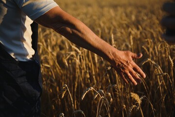 hands pluck a bunch of wheat in order to check for the maturation of cereals in the field. the farmer checks whether the wheat is ripe or not