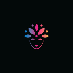 Abstract face and flower petals on head, carnival mask, abstract logo, peaceful smile, vector illustration