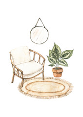 Watercolor illustration of modern interior with cane chair, home plants on pots, mirror and rug. Home decor pre-made composition. Perfect for posters, prints, magazine, cards etc