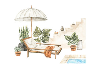 Watercolor illustration of modern interior with sunbed, plants on pots, pool and stairs. Tropical vibes. Resort decor pre-made composition. Perfect for posters, prints, magazine, cards - 365191505