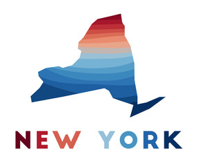 New York map. Map of the US state with beautiful geometric waves in red and blue colors. Vivid New York shape. Vector illustration.