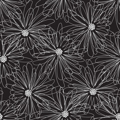 Seamless vector pattern with abstract flowers on black. Floral background. Black and white. Line art.