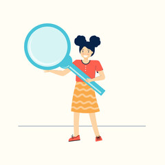 Smart schoolgirl holds a large magnifying glass. Inquisitive teenage girl explores and studies the world around her. Funny children cartoon character. Back to school. Modern flat vector illustration.