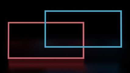 Abstract background glowing lines, neon frame, red and blue colors rectangle. 3D rendering image