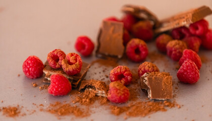 red Raspberry fruit on gray background chocolate