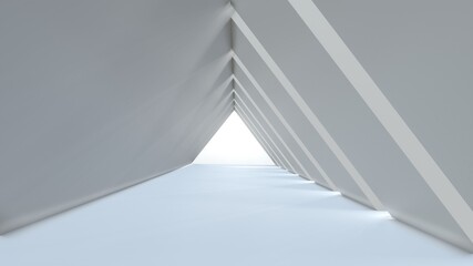 Abstract background empty long light modern corridor, white triangular tunnel. 3D rendering image