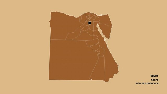 Janub Sina, governorate of Egypt, with its capital, localized, outlined and zoomed with informative overlays on a solid patterned map in the Stereographic projection. Animation 3D