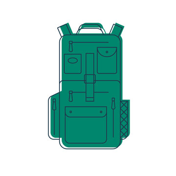 Rucksack Or Schoolbag With Pockets And Zipper Element. Education And Study Backpack For Students And Traveling Icon. Tourism Bag. Front View. Flat Line Art Illustration Isolated On White Background