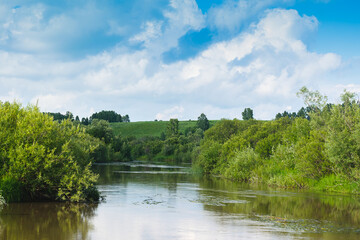 Fototapeta na wymiar Summer nature landscape. Clean calm river forest blue sky clouds. Horizontal frame copy space
