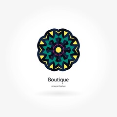 Bright and juicy beautiful circular logo for boutique, flower shop, business. Company mark, emblem, element. Simple geometric mandala logotype. Kaleidoscope big bud. Surround abstract blossom.