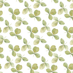 Clover leaves. Seamless watercolor pattern on white. Art floral background.
