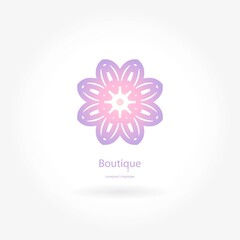 Logo with rose in pastel colors. Pink petals. Wedding mandala. Logtype for boutique, flower shop, business. Company mark, emblem, element. Kaleidoscope big bud. Surround abstract blossom.