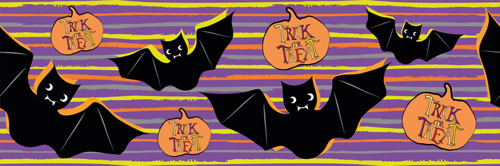 Halloween funky bats and pumpkins vector border. Banner with animals and trick or treat text on grunge striped purple background. Hand drawn cartoon illustration. For ribbon, party products