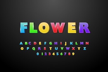 Colorful sticker in the style of a set of letters of the alphabet and numbers. Vector sample with the text good mood/ Three-dimensional vector font.