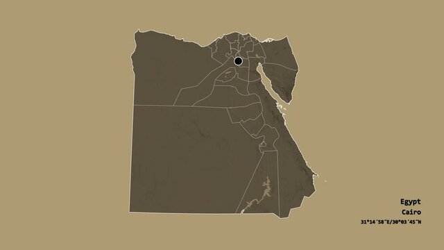 Shamal Sina', governorate of Egypt, with its capital, localized, outlined and zoomed with informative overlays on a administrative map in the Stereographic projection. Animation 3D