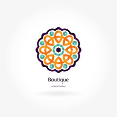 Bright and juicy beautiful circular logo for boutique, flower shop, business. Company mark, emblem, element. Simple geometric mandala logotype. Kaleidoscope big bud. Surround abstract blossom.