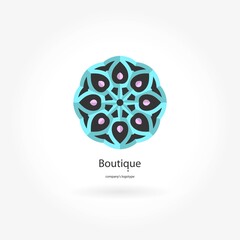 Bright blu, pink beautiful circular logo for boutique, flower shop, business. Company mark, emblem, element. Simple geometric mandala logotype. Kaleidoscope big bud. Surround abstract blossom.