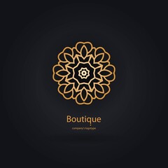 Luxury logotype in the shape of a flower for antique boutique. Gold logo, flower. Simple geometric sign. Icons, business, invitations. Volumetric golden big bud. Vintage. Islam, Arabic, Indian.