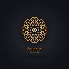 Luxury logotype in the shape of a flower for antique boutique. Gold logo, flower. Simple geometric sign. Icons, business, invitations. Volumetric golden big bud. Vintage. Islam, Arabic, Indian.