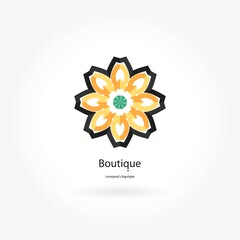 Bright blu, pink beautiful circular logo for boutique, flower shop, business. Company mark, emblem, element. Simple geometric mandala logotype. Kaleidoscope big bud. Surround abstract blossom.