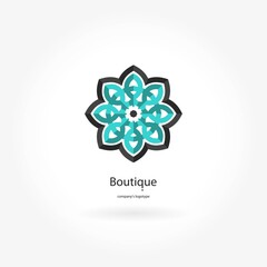 Bright blu, pink beautiful circular logo for boutique, flower shop, business. Company mark, emblem, element. Simple geometric mandala logotype. Kaleidoscope big bud. Surround abstract blossom.