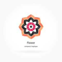 Bright blu, pink beautiful circular logo for boutique, flower shop, business. Company mark, emblem, element. Simple geometric mandala logotype. Kaleidoscope big bud. Surround abstract blossom.