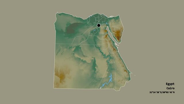 Shamal Sina', governorate of Egypt, with its capital, localized, outlined and zoomed with informative overlays on a relief map in the Stereographic projection. Animation 3D
