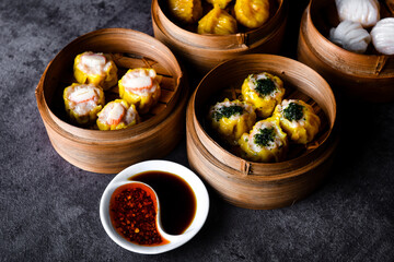 Dim SUM . Chinese dimsum bamboo steamer
