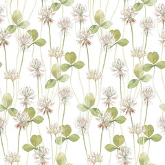 Clover. Seamless watercolor pattern on white. Art floral background.