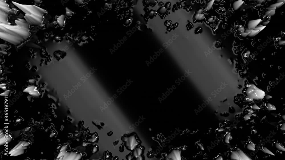 Poster Abstract black and white ferrofluid background with copyspace. Top view of liquid black metal shape with white peaks. Black liquid surface. Abstract background. 4K seamless loop 3D animation.
