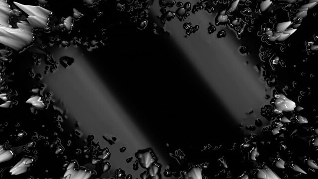 Abstract black and white ferrofluid background with copyspace. Top view of liquid black metal shape with white peaks. Black liquid surface. Abstract background. 4K seamless loop 3D animation.