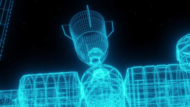 3D Render animation of schematic wireframe of the ISS. Wireframe Hologram of Space Station rotating.
