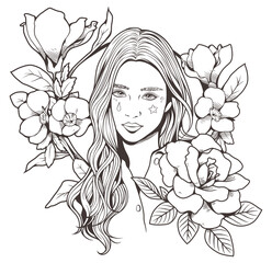 Doodle art of beautiful girl and flower isolated on white background, Black and white, Vector illustration, This design for publication, decoration, sticker, pattern, and more.