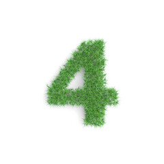 4 four number symbol made of green grass isolated on white background, part of the set. Sustainable technology or lifestyle related 3d rendering