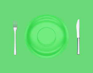 Green empty dinner plate, fork and knife on green background. Preparation for the holiday, table setting, view top. 3d render